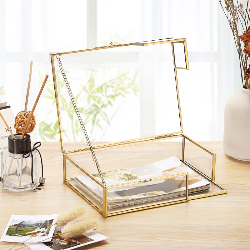 Hipiwe Gold Glass Photo Box,Vintage Photo Storage Organizer, Trinket Box Jewelry Display Organizer Keepsake Box Case Home Decor (Small) - Image 2
